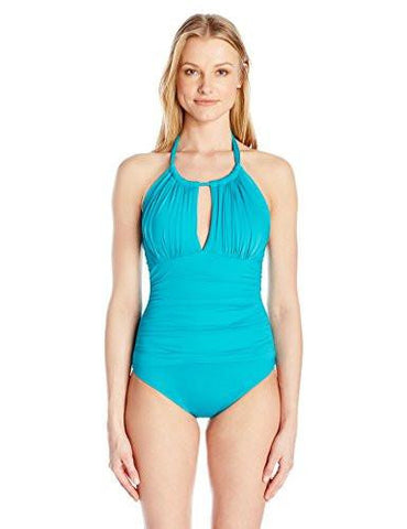 Kenneth Cole York Weave Your Own Way Solid High Neck Mio One Piece Swimsuit Aquamarine M