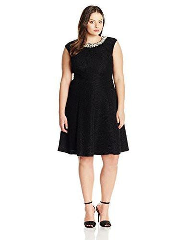 PlusSize Beaded Neck Party Dress With Extended Cap Sleeve, Black, 16W
