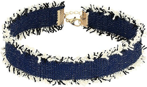 Dark Blue Denim Frayed Choker Necklace Gold Necklace