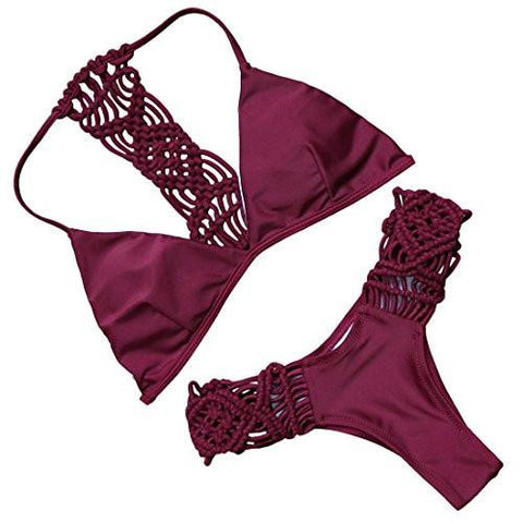 Mooskini Handknit Rope Bikini Maroon Color Padded Swimsuit Bikini Set Mus Size 46 B922