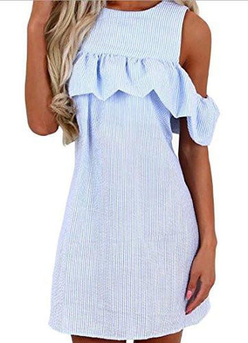 M2Mo Cold Shoulder Ruffle Short Sleeve Striped Mini Dress Light Blue Us L