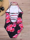 Pxmoda One Piece Leaf Print Swimsuit Back Bandage Padded Bikini Monokini Swimwear M Red
