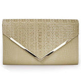 Pale Khaki Pu Leather Alligator Skin Pattern Perforated Glitter Metal Accent Envelope Flap Clutch Handbag