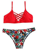 Sweatyrocks Red Bathing Suit Spaghetti Strap Floral Print Crisscross Bikini Set Red Medium