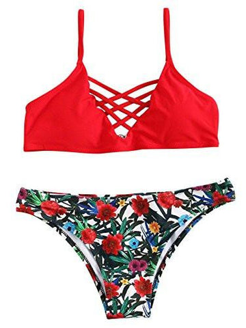 Sweatyrocks Red Bathing Suit Spaghetti Strap Floral Print Crisscross Bikini Set Red Medium