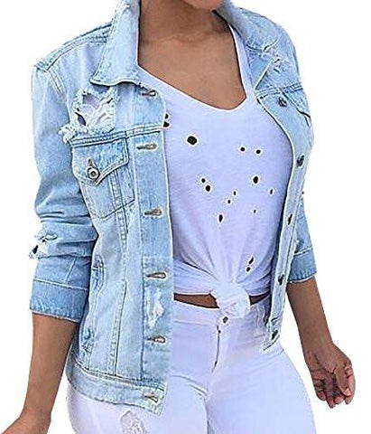 Pxmoda Turn Down Collar Ripped Destroyed Denim Jacket Outwear