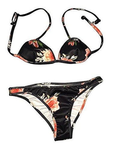 Pxmoda Floral Printed Bikini Sexy Beach Swimsuit S Black