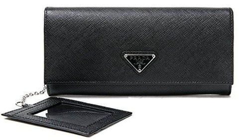Wiberlux Prada Silver Triangle Logo Detail Flap Real Leather Long Wallet One Size Black