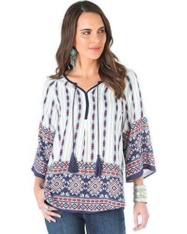 Long Sleeve Geometric Print Top Red/White/Blue Large