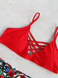 Sweatyrocks Red Bathing Suit Spaghetti Strap Floral Print Crisscross Bikini Set Red Medium