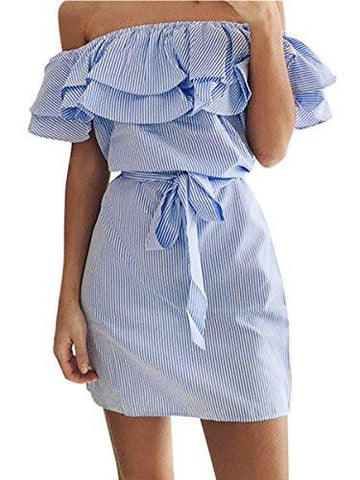 Shele Casual Off Shoulder Striped Ruffles Strapless Short Dresses Mini Dresses