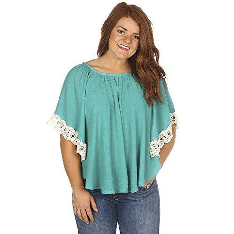Top With Lace Accent Sleeves M Turquoise