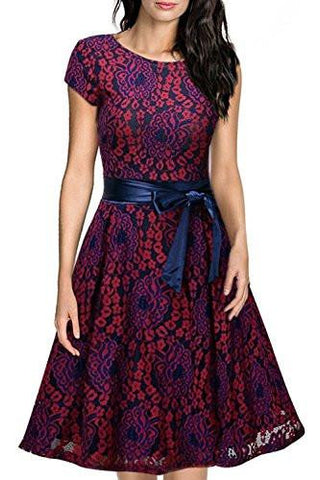 Creti Vintage Floral Lace Contrast Bow Cocktail Party Dress Evening Dress