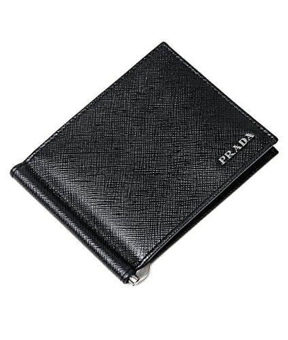 Wiberlux Prada Metal Logo Detail Twotone Real Leather Money Clip Wallet One Size Black_Navy