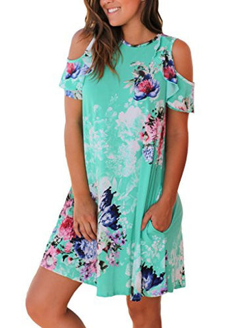 Annflat Summer Floral Print Cold Shoulder Casual Swing Tunic Dress Large Green