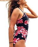 Pxmoda One Piece Leaf Print Swimsuit Back Bandage Padded Bikini Monokini Swimwear M Red