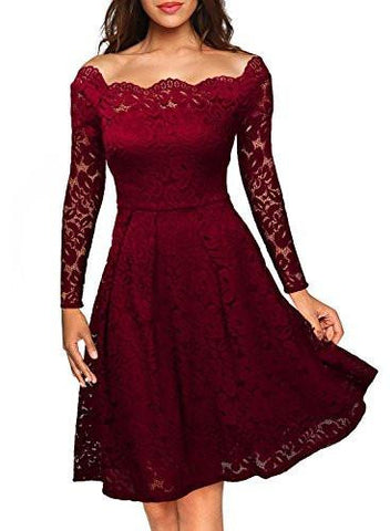 Missmay Vintage Floral Lace Long Sleeve Boat Neck Cocktail Formal Swing Dress Red Xxlarge