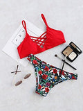 Sweatyrocks Red Bathing Suit Spaghetti Strap Floral Print Crisscross Bikini Set Red Medium