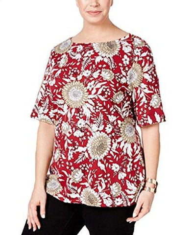 Plus Printed ZipShoulder Casual Top Red 3X