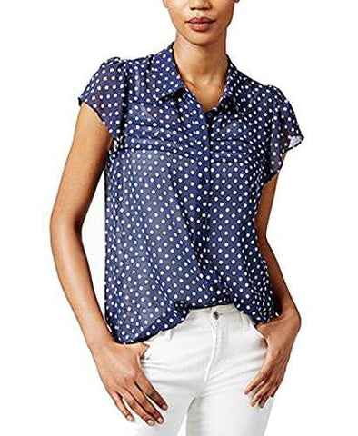 Navy Sheer PolkaDot FlutterSleeve Top Xs
