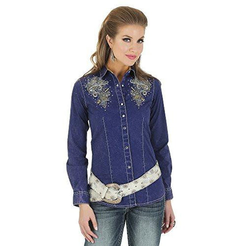Rock 47 By Front Back Yokes Embroidered Stones Solid Shirt Navy L