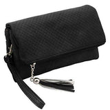 Midnight Black Textured Pu Faux Leather Quilted Pattern Triple Compartment Zipper Tassel Fashion Clutch Handbag