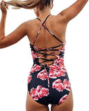 Pxmoda One Piece Leaf Print Swimsuit Back Bandage Padded Bikini Monokini Swimwear M Red