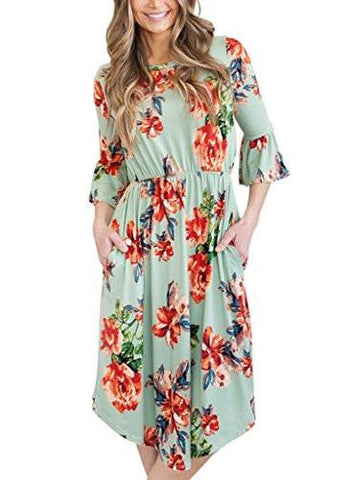 Annflat Boho Floral Print High Waist Flowy Party Beach Midi Dress Small Green