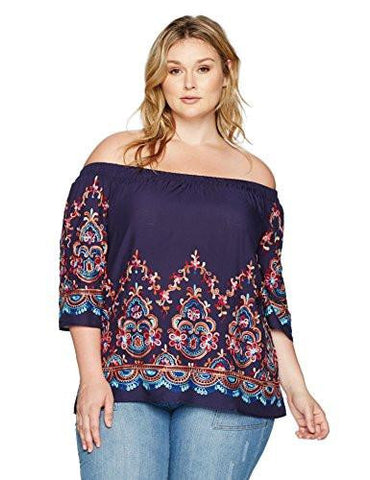 Plus Size OffTheShoulder Top Embroidered, Navy, 1X
