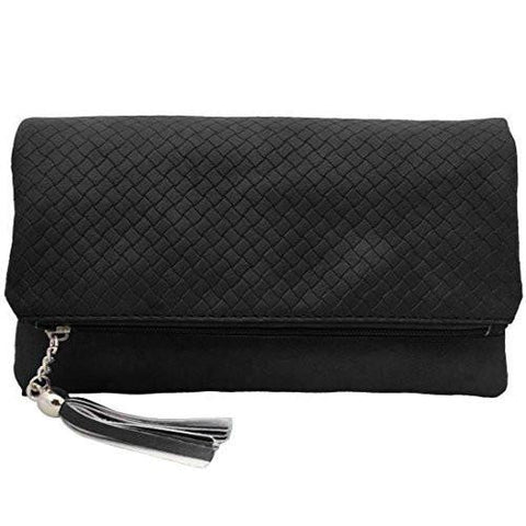 Midnight Black Textured Pu Faux Leather Quilted Pattern Triple Compartment Zipper Tassel Fashion Clutch Handbag