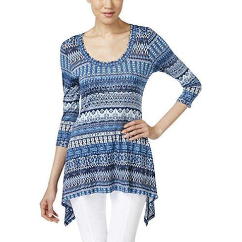 Printed Handerchief Hem Blouse Blue M