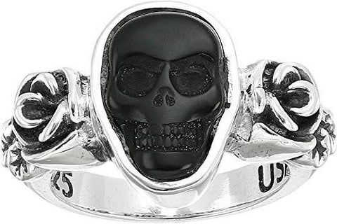 Obsidian Skull & Rose Ring Silver Ring