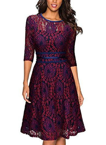 Miusol Vintage Floral Lace 23 Sleeve Cocktail Evening Party Dress Dark Red And Purple Large