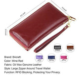Rfid Blocking Wallet Wax Genuine Leather Zip Around Clutch Large Travel Purse Wine Red