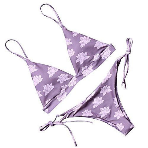 Mooskini Sexy Floral Printing Swimwear Two Piece Brazilian Top Bikini Set For Lus Size 68 Purple