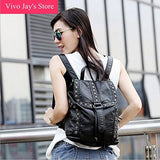 Black Backpack Washed Leather Punk Preppy Style Shoulder Bag School Bags Girls Travel Casual Waterproof Rivet Snowflake