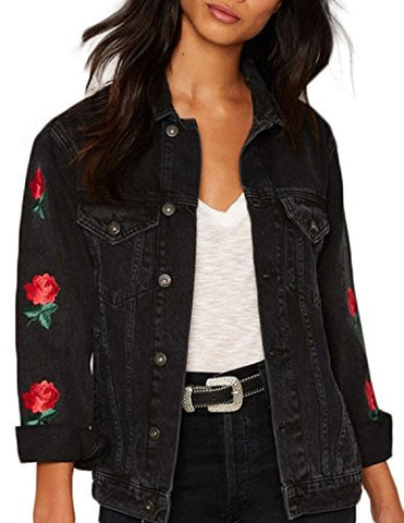 Haoduoyi Casual Flower Embroidery Long Sleeve Denim Jacketxldark Grey