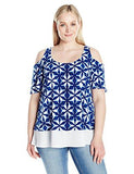 Plus Size Sheer Hem Cold Shoulder Top, Print, 0X