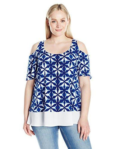 Plus Size Sheer Hem Cold Shoulder Top, Print, 0X