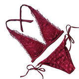 Mooskini Padded Push Up Bikini Set Lace Ruffled Deep V Neck Bathing Suits Swimwear Sus Size 24 Red
