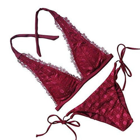 Mooskini Padded Push Up Bikini Set Lace Ruffled Deep V Neck Bathing Suits Swimwear Sus Size 24 Red