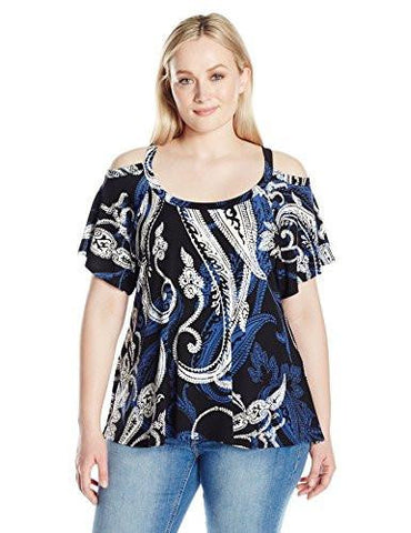 Plus Size Flutter Sleeve Cold Shoulder Top, Print, 1X