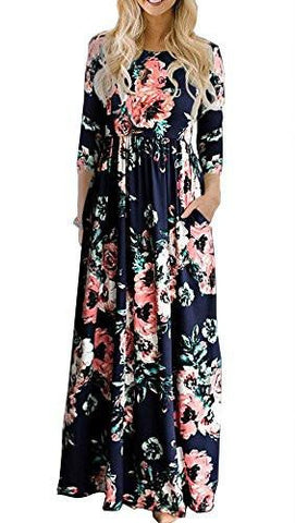 Union Fashion Ltd Spring Fashion Printed Long Dress Three Quarter Sleeve Empire Flower Floorlength Dress