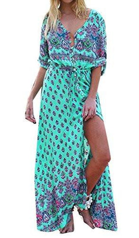 M2Mo V Neck 34 Sleeve Empire Waist Boho Beach Maxi Dress Green Us 2Xl