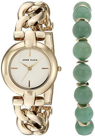 Jade Goldtone Watch And Gemstone Beaded Bracelet Set