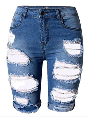 M2Mo High Waist Capri Jeans Sexy Ripped Hole Denim Shorts Dark Blue Us S