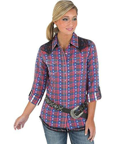 Rock 47 Printed Lace Top Blk Plaid Large