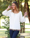 Ivory Pom Trim Long Sleeve Top Ivory Large