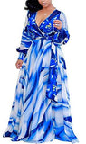 Gemijack Floral Print Maxi Dress Long Sleeve Chiffon Floor Length Long Dress Cross Over Deep V Dress