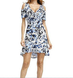 M2Mo Summer Vneck Cold Shoulder Print Short Dress Blue Us L